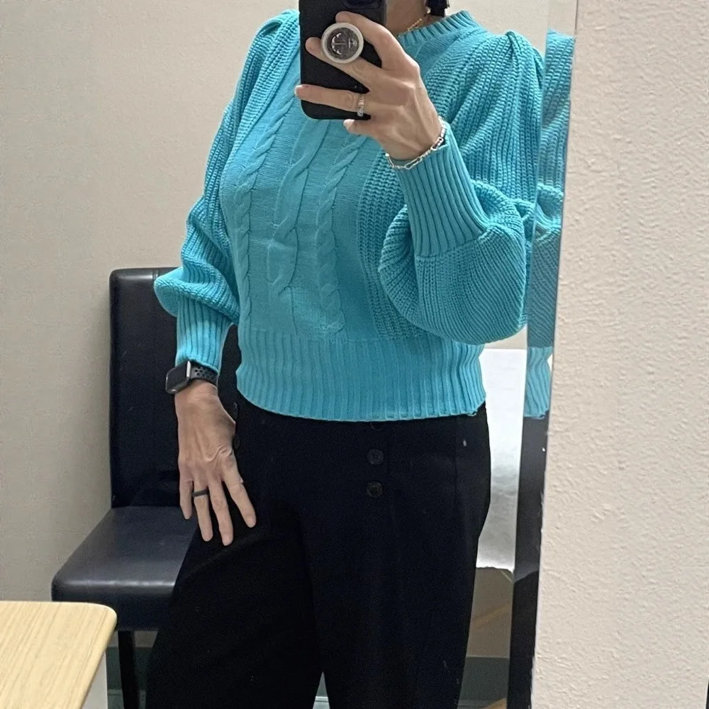 2025 بلون تريكو الخريف والشتاء جديد جولة الرقبة البلوز تنوعا فانوس كم العجين المقلي التقلبات سترة النساء