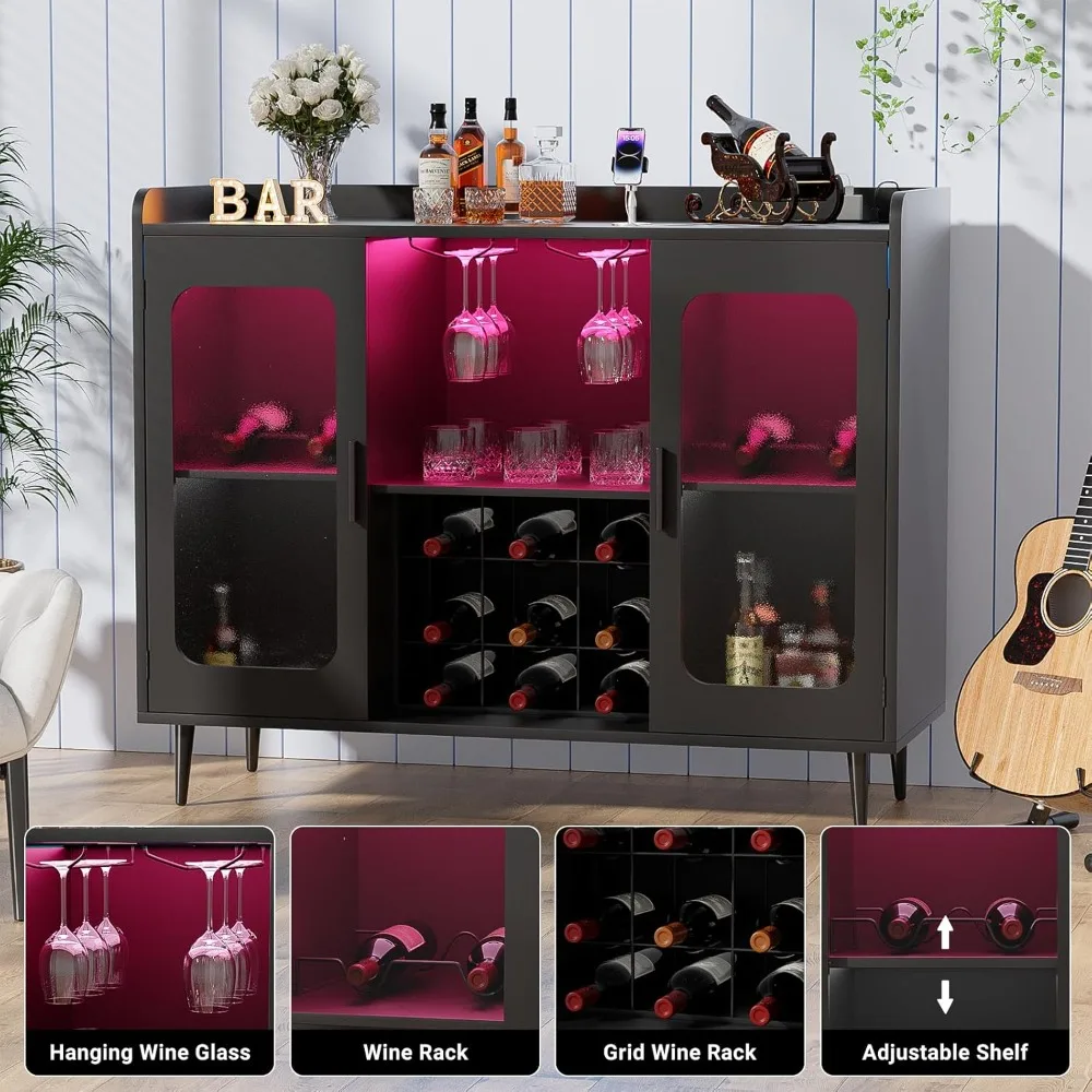 Barra de armário de bebidas com tomada de energia e luz LED, armário de bar de vinho com rack de vinho e copos, armário de bar de café doméstico,