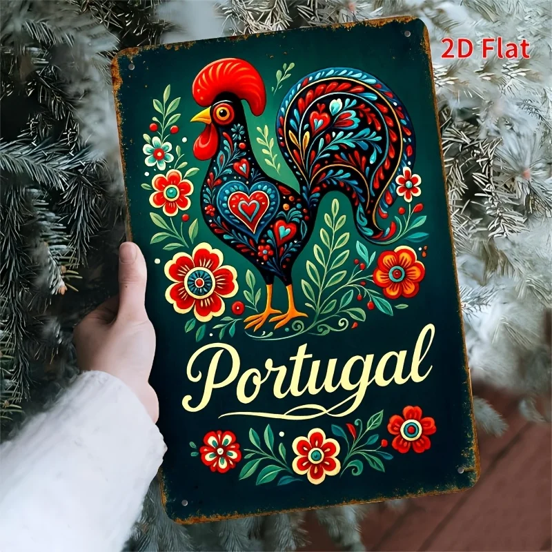 20x30  Vintage Portugal Tin Sign - Humorous Wall Art with Colorful Rooster & Floral Design, Durable Metal Rustic Finish for Far