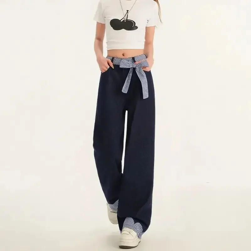Y2K Women's Bow-Tie Belt Plaid Patchwork Jeans Loose Fit Wide Leg Winter Slimming Straight Casual Fashion Pants