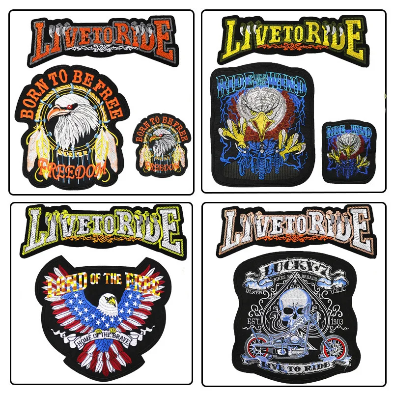 Eagle Paw Live to Ride Skull Embroidery Patches for Clothing Iron on Biker Motorcycle Applique Stripe Sticker Clothes Decorate