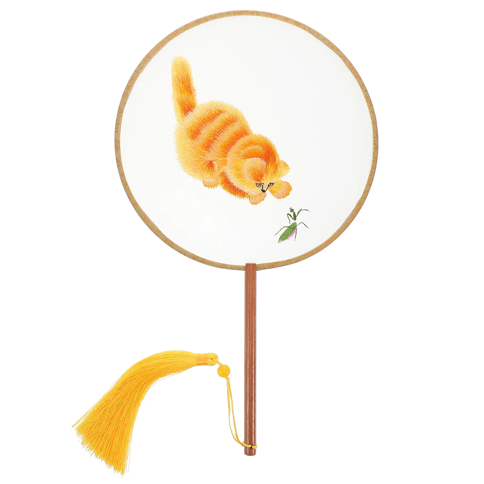 

Hand Embroidery Chinese Style Round Fan Vintage Cat Pattern Double Sided Lightweight Handheld Decorative Fan for Summer Cooling