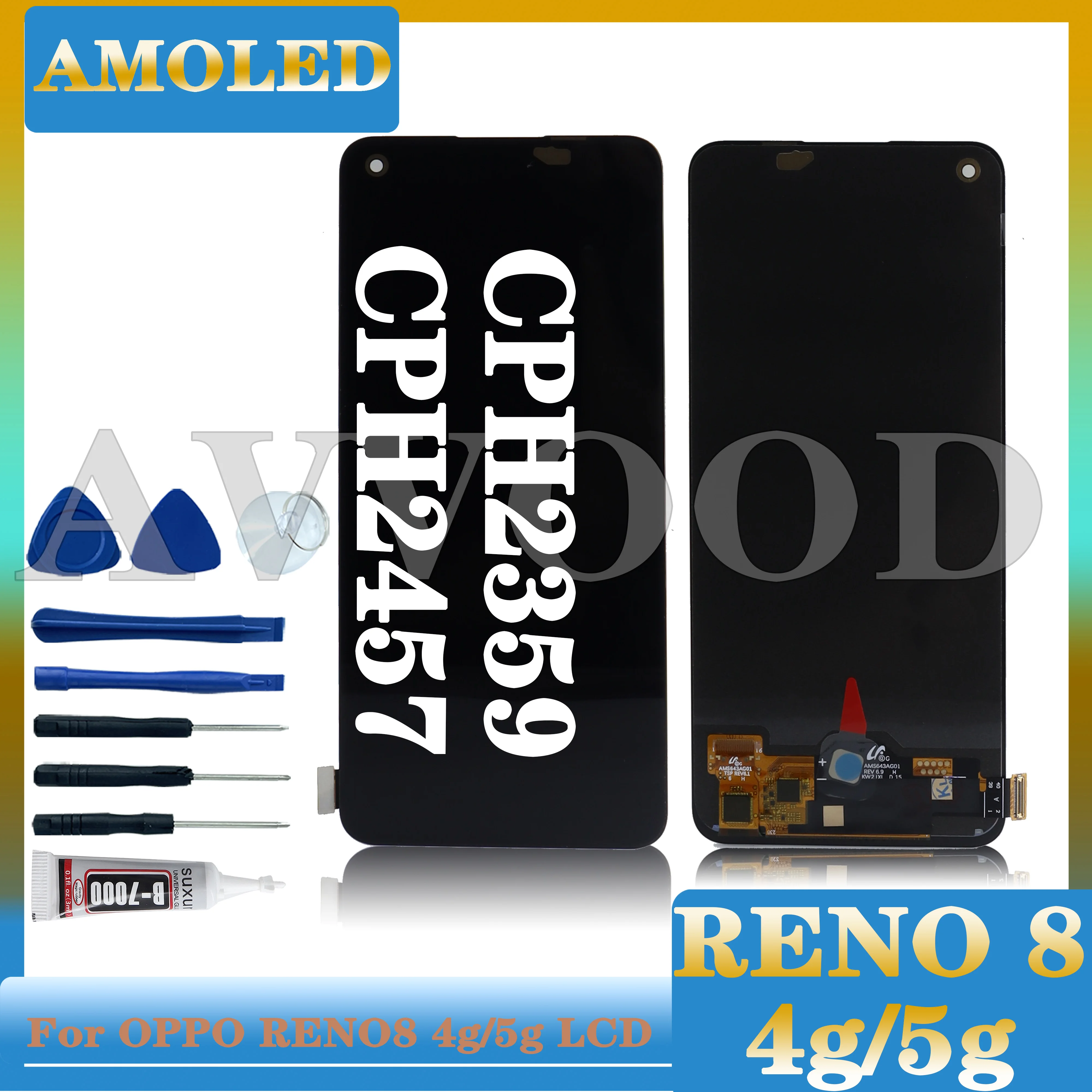 AMOLED LCD Display Touch Screen Digitizer Panel Assembly Replacement, Fit for Oppo Reno8 5G CPH2359, CPH2457