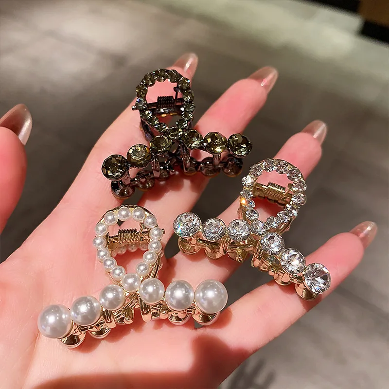 High-end Pearl Rhinestone Small Size Hair Grabber Summer Women Simple Metal Side Clip Back Head Half-tied Cross Hair Clips