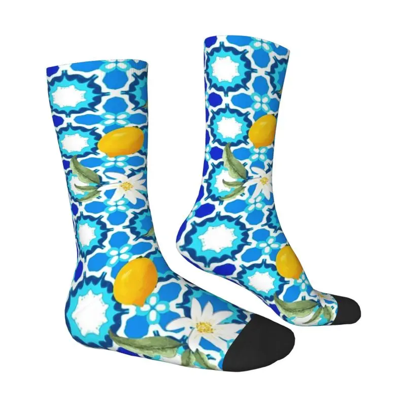 Custom Summer Mediterranean Lemons Fruit Tiles Men Women Crew Socks Unisex Fun Spring Summer Autumn Winter Dress Socks