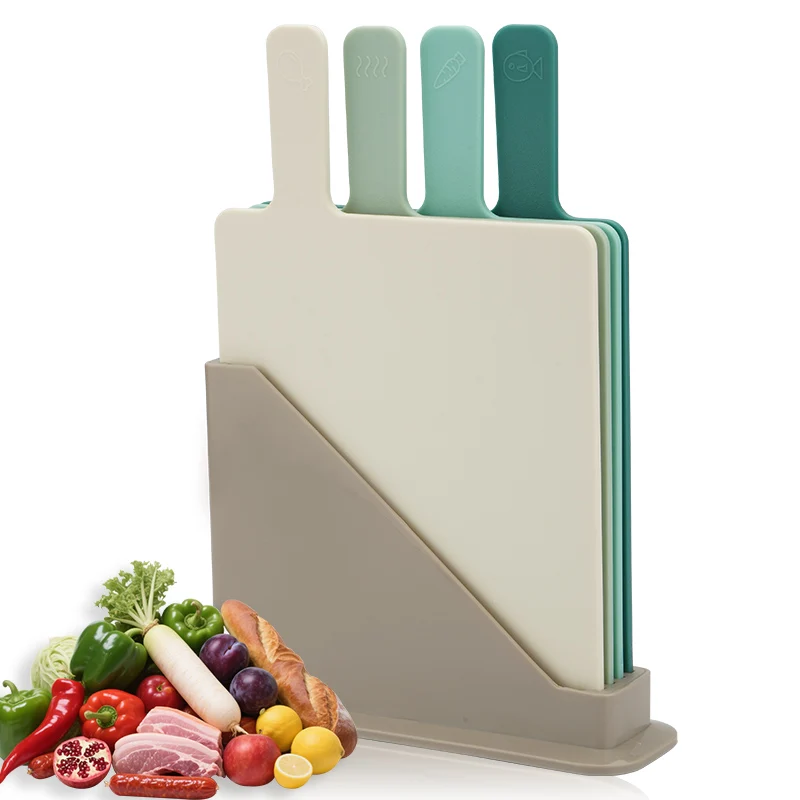 Kitchen Plastic Cutting Boards, 4-Piece Set with Storage Rack, Easy-Grip Handles, Suitable for Meat, Vegetables, Fruits
