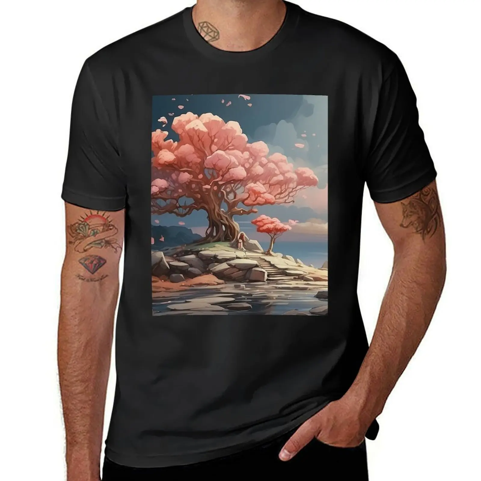 Camiseta de árbol de flores vintage para hombre, camisetas gráficas de Tallas grandes