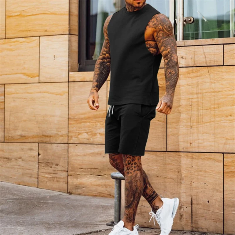 Men's Solid Color Simple Two-piece Sets Casual Thin Section Lace-up Five-piece Pants Sleeveless Tops Summer Sports Male Suits 23