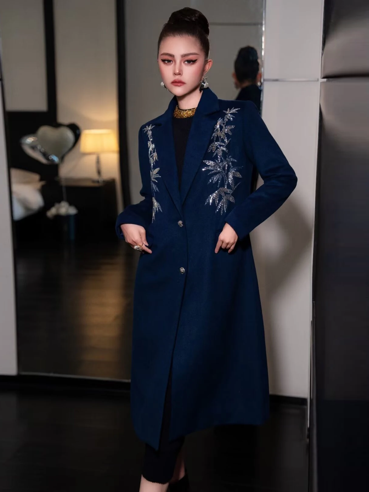 SEQINYY Elegant Trench Coat Spring Autumn New Fashion Design Women Runway Embroidery Beading Sequined Flower Dark Blue Coat