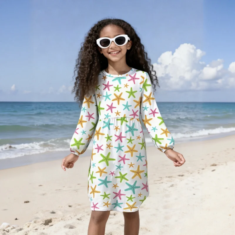 2025 Girls Long Sleeve Dress - Colored Starfish Print, Children's Elegant Dress, Casual Beach Vacation Bohemian Dress