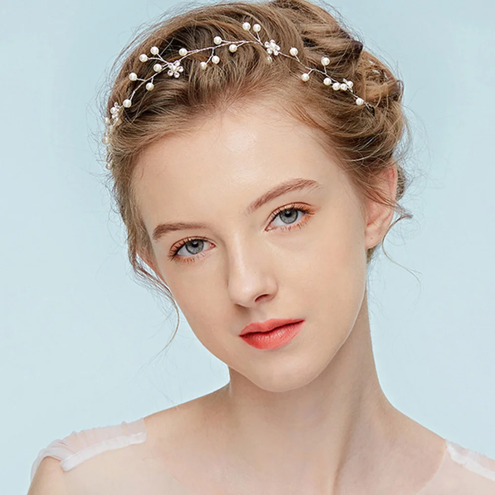 

Wedding Headband Pearl Rhinestone Bridal Headwear Shiny Elegant Hairpiece with Satin Ribbon for Brides Evening Celebration Style