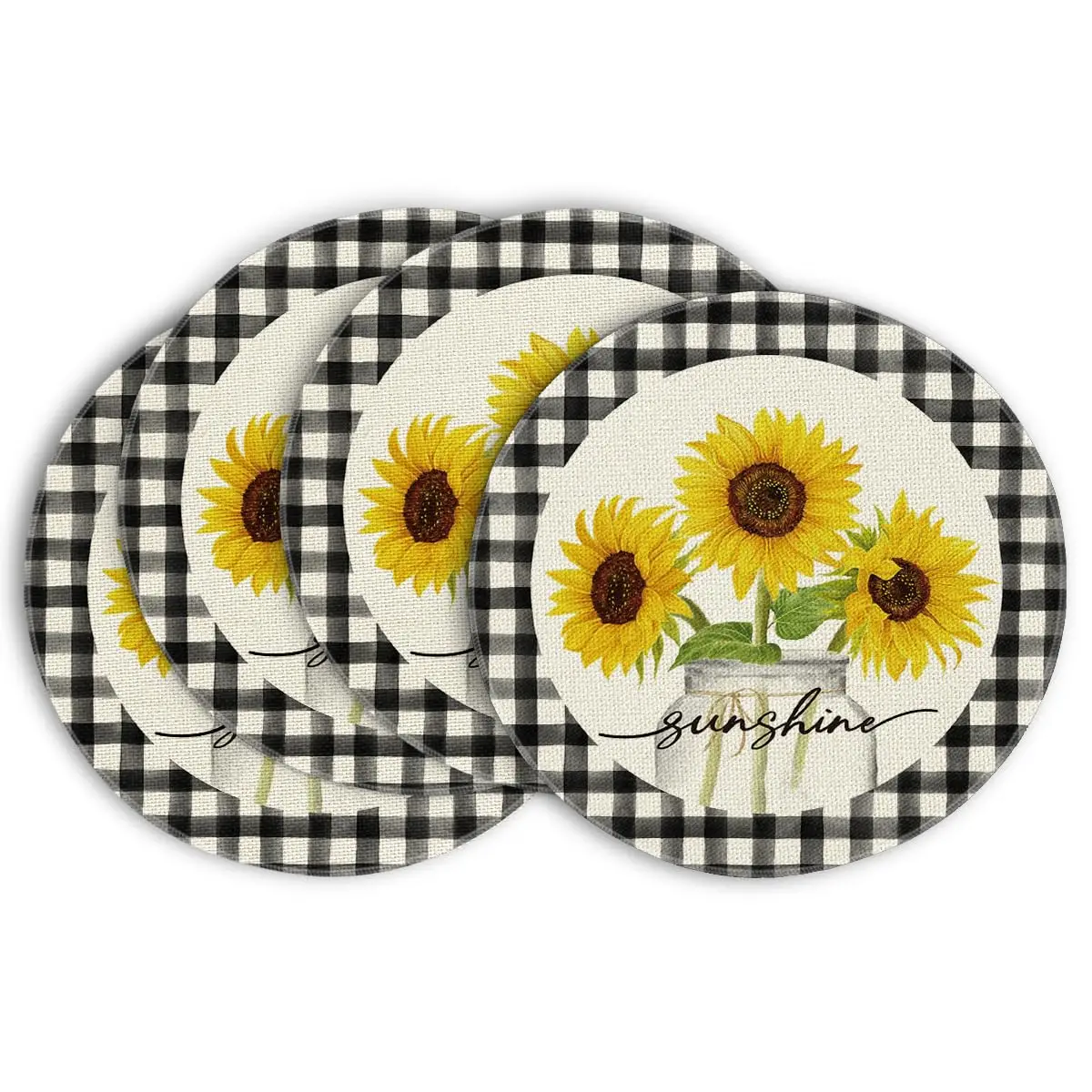 

Buffalo Plaid Sunflower Sunshine Vase Round Summer Placemats Set of 4, 14 Inch Spring Fall Table Mats for Dining Decoration