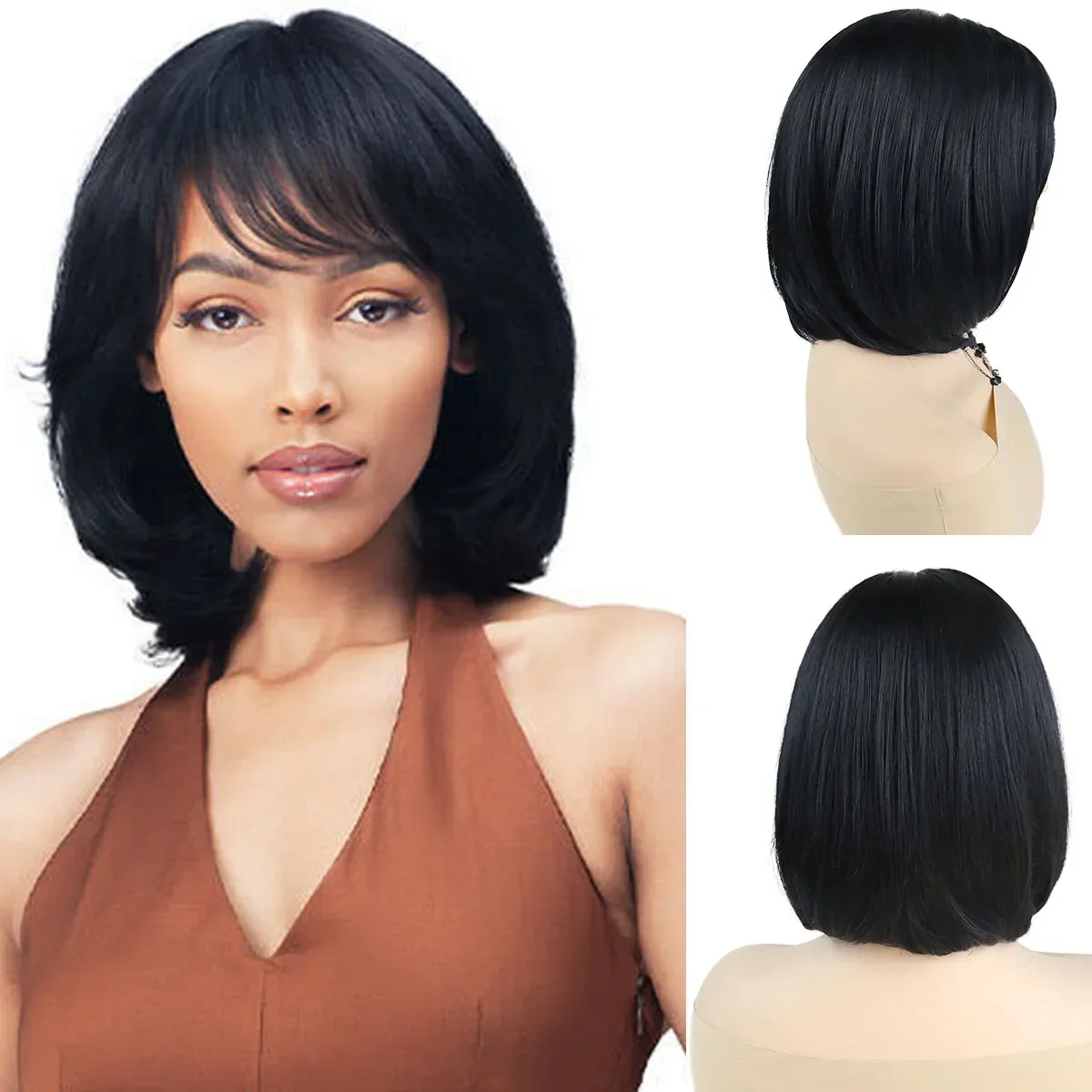 GNIMEGIL Synthetic Black Bob Wig with Bangs Short Haircuts for Women Natural Hairstyle Replacement Wigs Female Black Wigs Mother