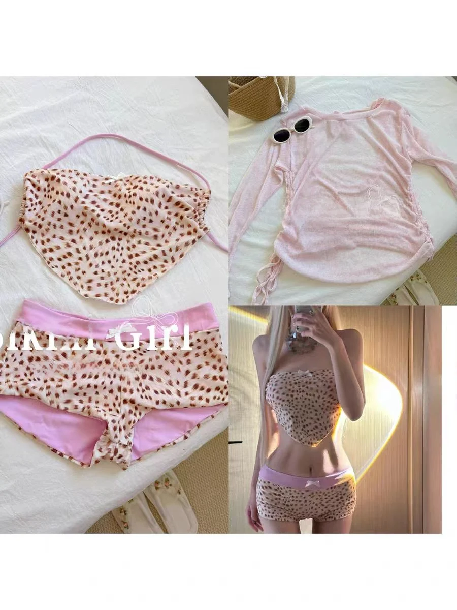 

Sweet Leopard Print Bikini Top with Cover up for Beach Vaion Thermal Spa Hide Meat Slimming Swimsuit Triangular Bikini