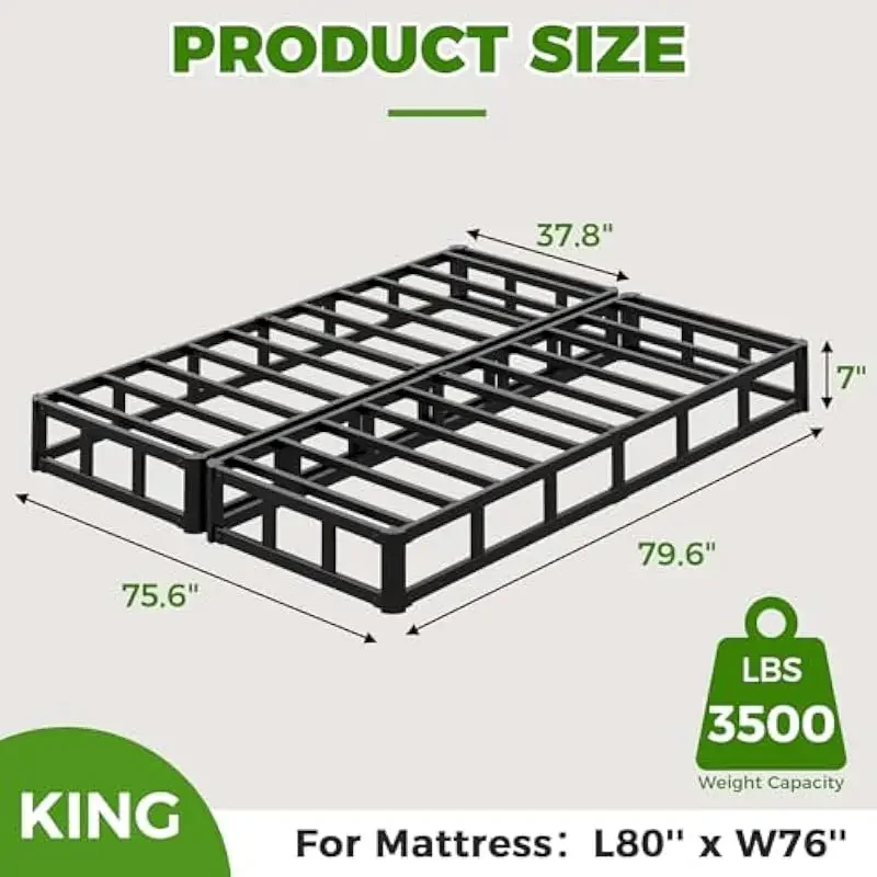 7 Inch Split King Bed Base in Durable Steel Frame with Fade and Squeak Resistant Fabric Cover for Easy Transport Quiet Support a