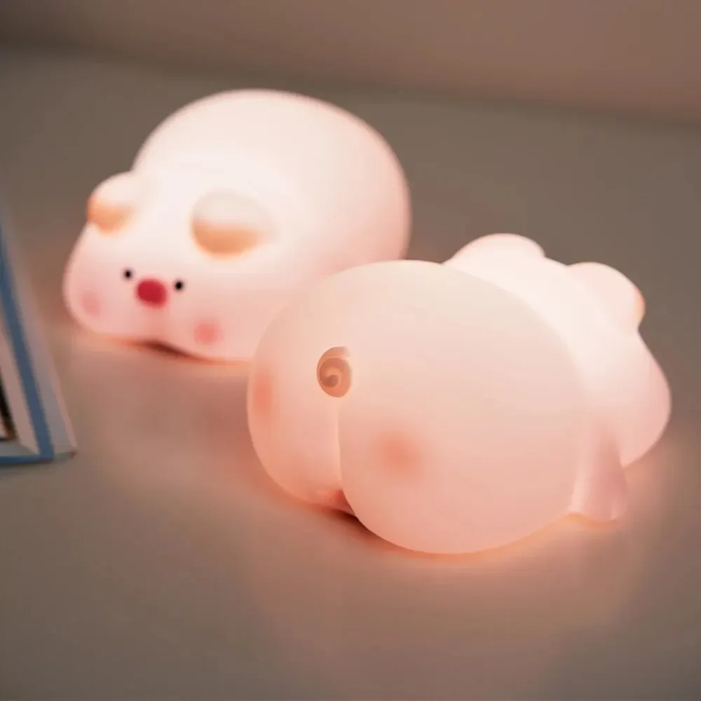 Silicone LED Night Light Cute Pig Hippo Touch Sensor Lamp USB Rechargeable Timed Bedside Decor Kids Nightlight Birthday Gift