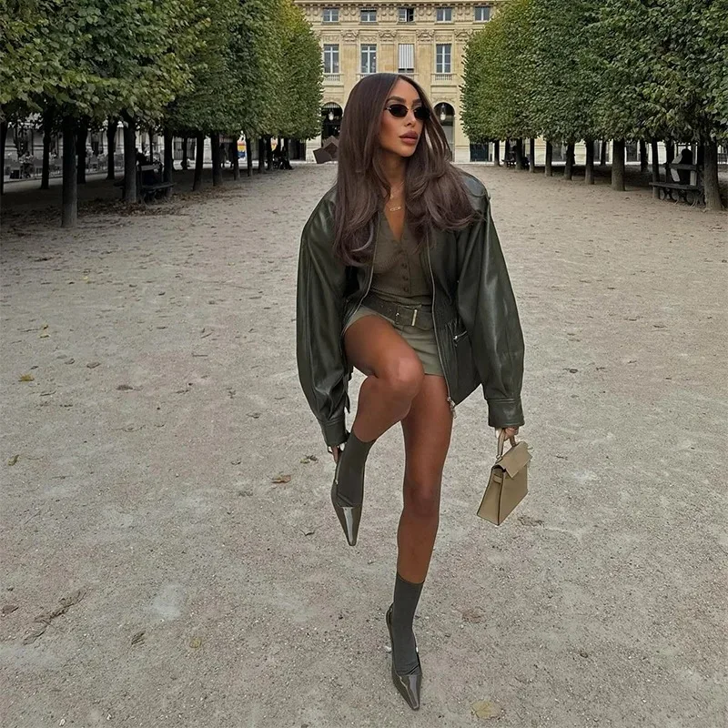2026 Autumn Outerwear Daily Street Coats Women's Army Green Leather Jacket Fashion Lapel Coller Long Sleeve Zipper Loose Coat