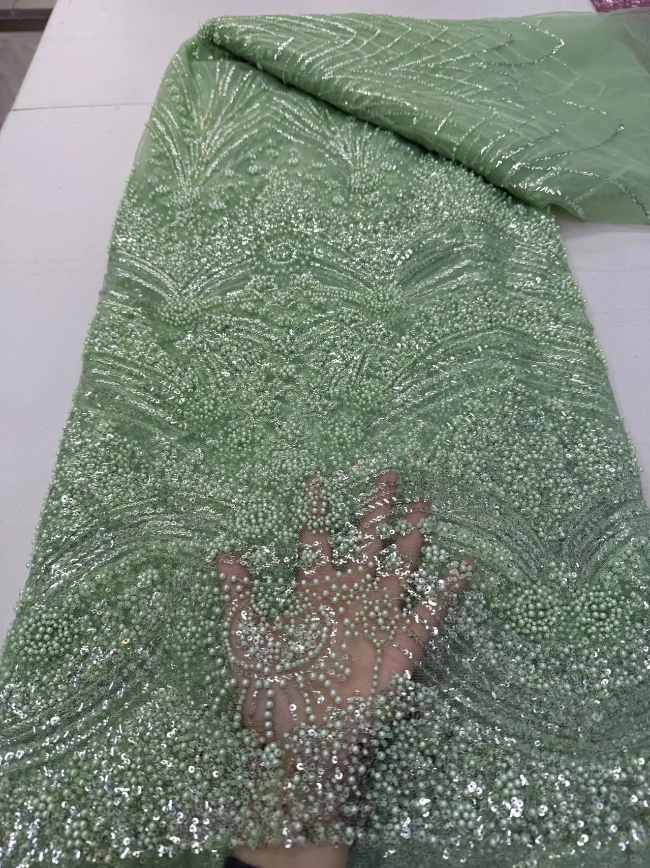 

2026 High-Quality African Nigerian Sequins Tulle Lace Fabric for Wedding / Prom Dresses Beads Embroidery Sewing Net Cloth 5Yards