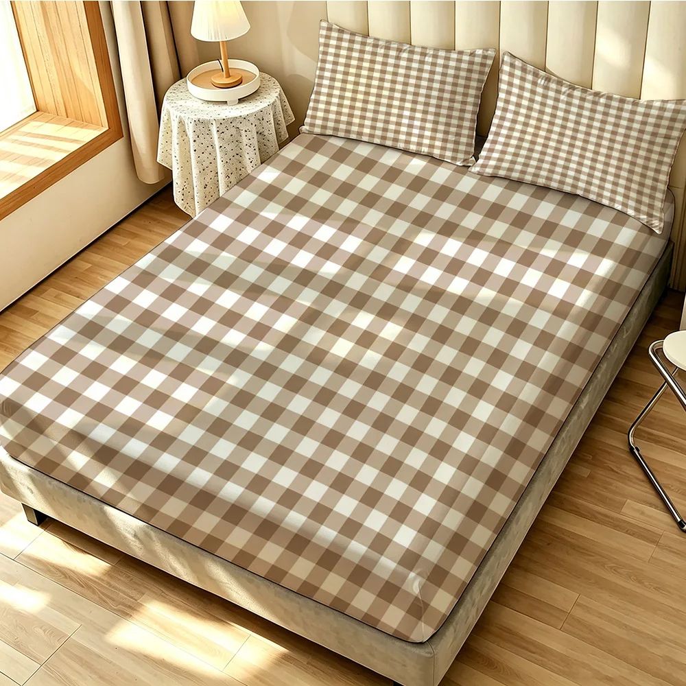3 pieces of 90g polyester brown and white plaid pattern fabric, soft and comfortable bedspreads
