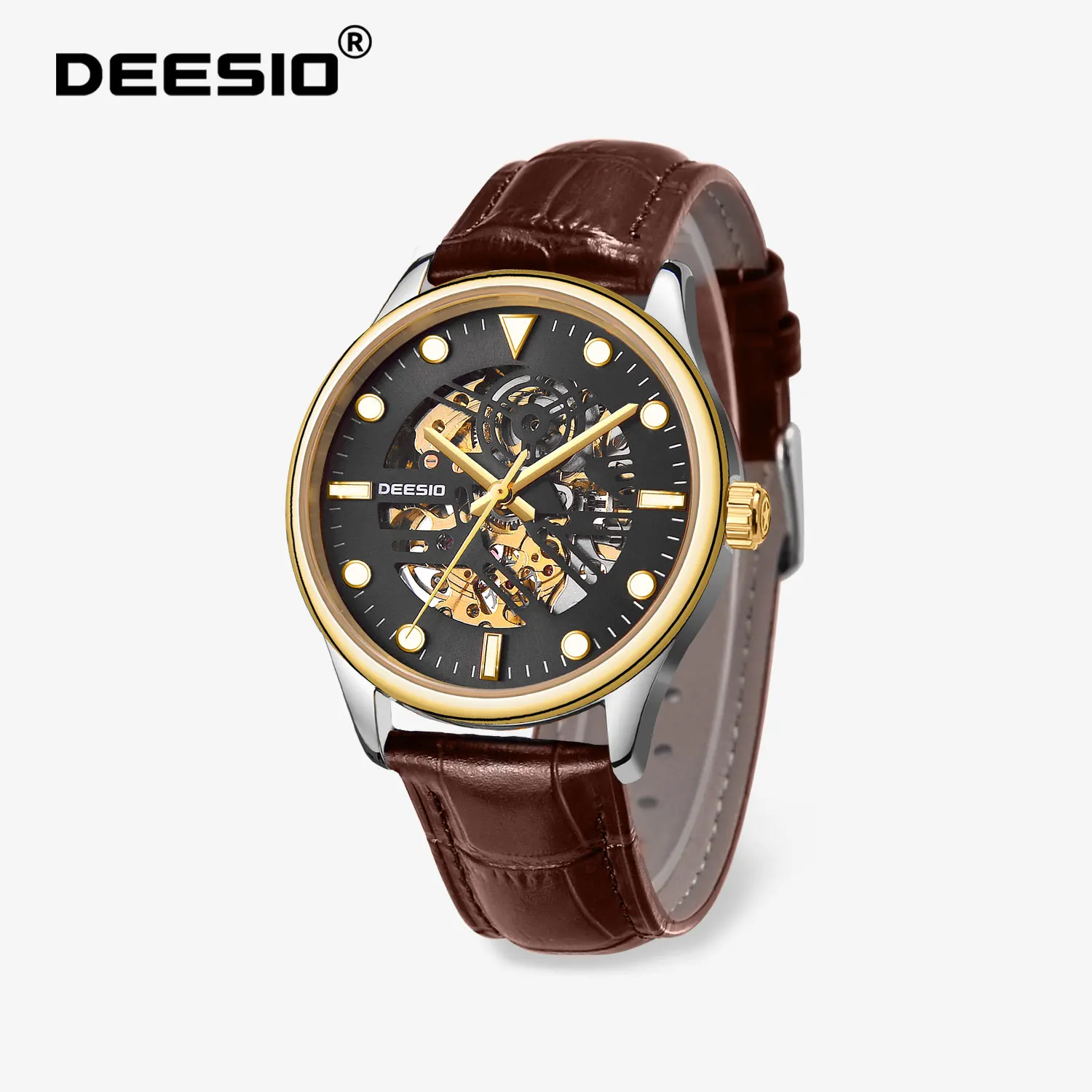 Deesio Herren-Skelettuhr, automatisch, leuchtend, wasserabweisend, Edelstahl, Lederarmband, Saphirglas, Business-Casual