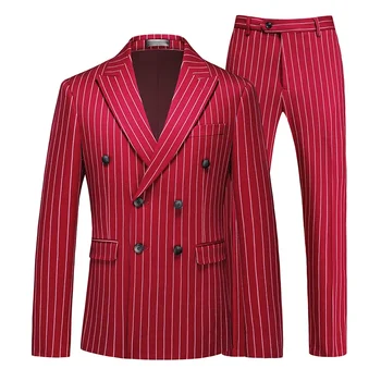 Fashion Men Double Breasted Striped Suit 2 Piece Black / Wine Red Homme Business Social Wedding Party Blazers and Trousers 5