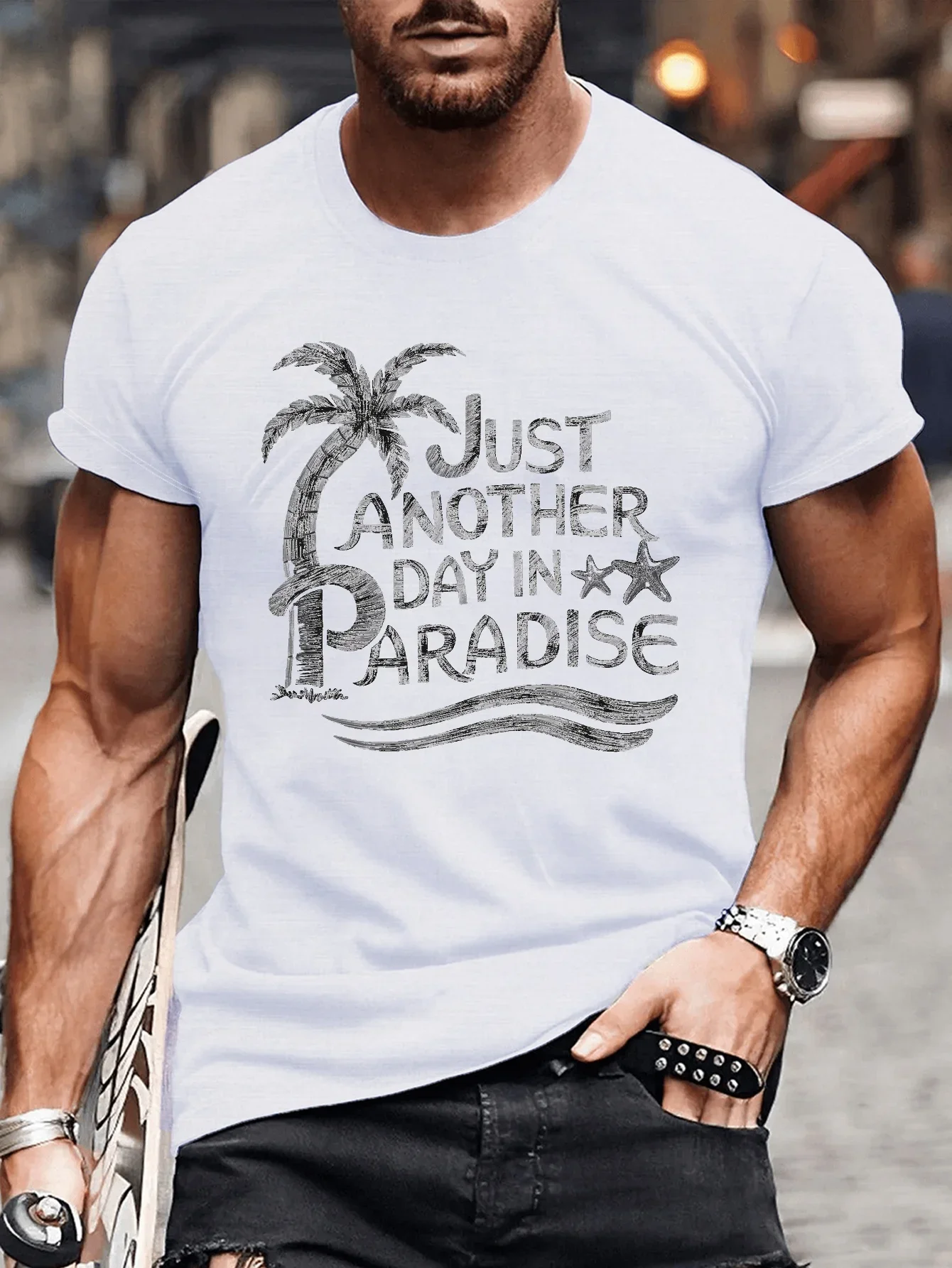 Men Just Another Day In Paradise Palm Tree Starfish Ocean Graphic T Shirt Tropical Beach Summer Vacation Short Sleeve Casual Top