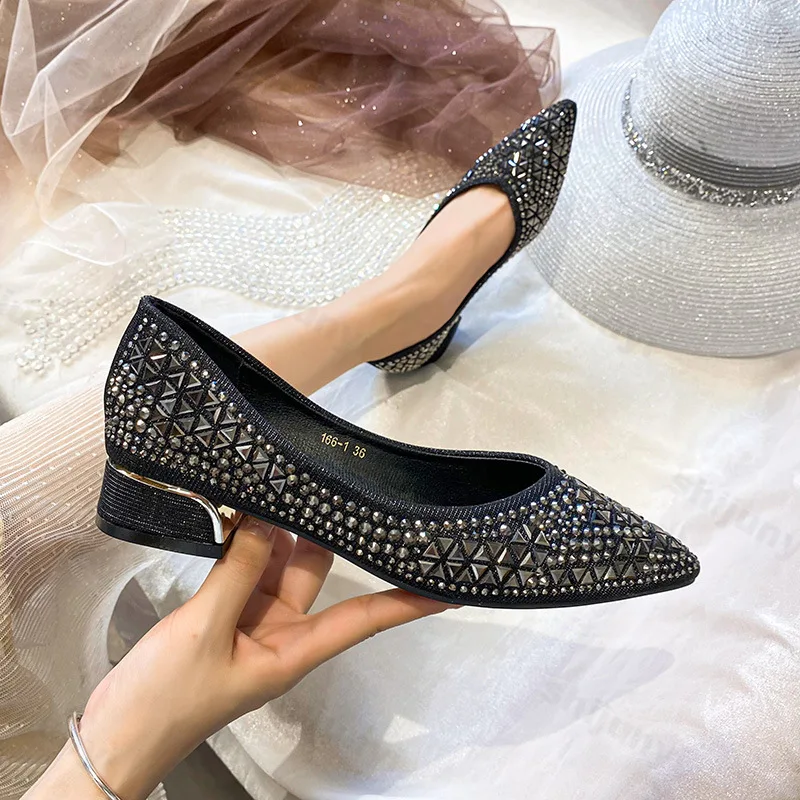 Sepatu Wanita Hak Tinggi 2025 Musim Gugur Hak Rendah Berhias Rhinestone Mewah Ujung Runcing Payet Fashion Kasual Outdoor Pesta Pernikahan