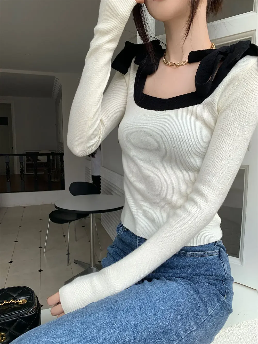 Shirts for Women Jersey Sweater Slim Sexy Crop Tops Retro Square Bow Black  Knitted Blouse Spring Elegant Chic