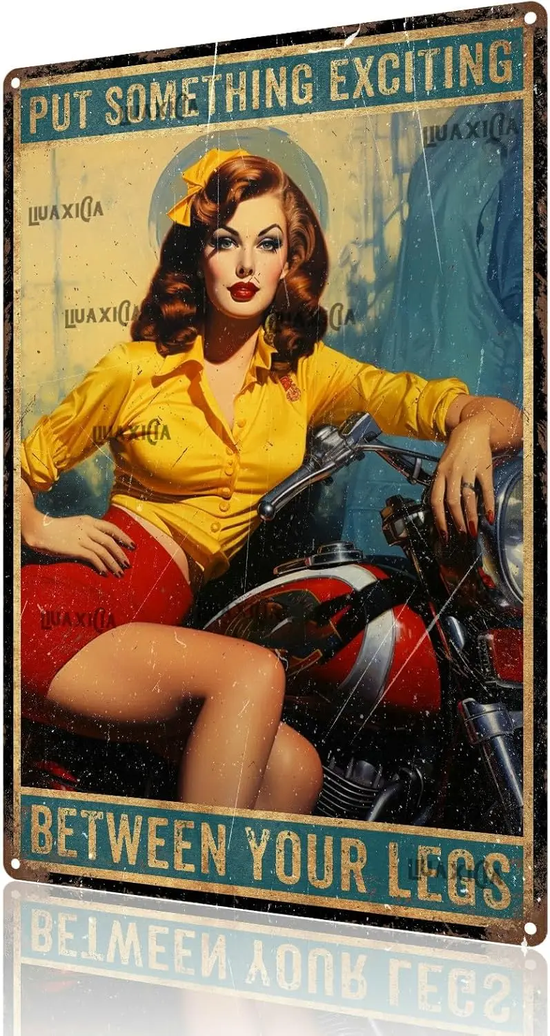 1 PCS,Retro Art Tin Sign Motorcycle Pinup Girl Put Something Exciting Metal Tin Signs Reproduction Vintage Wall Decor Retro Art