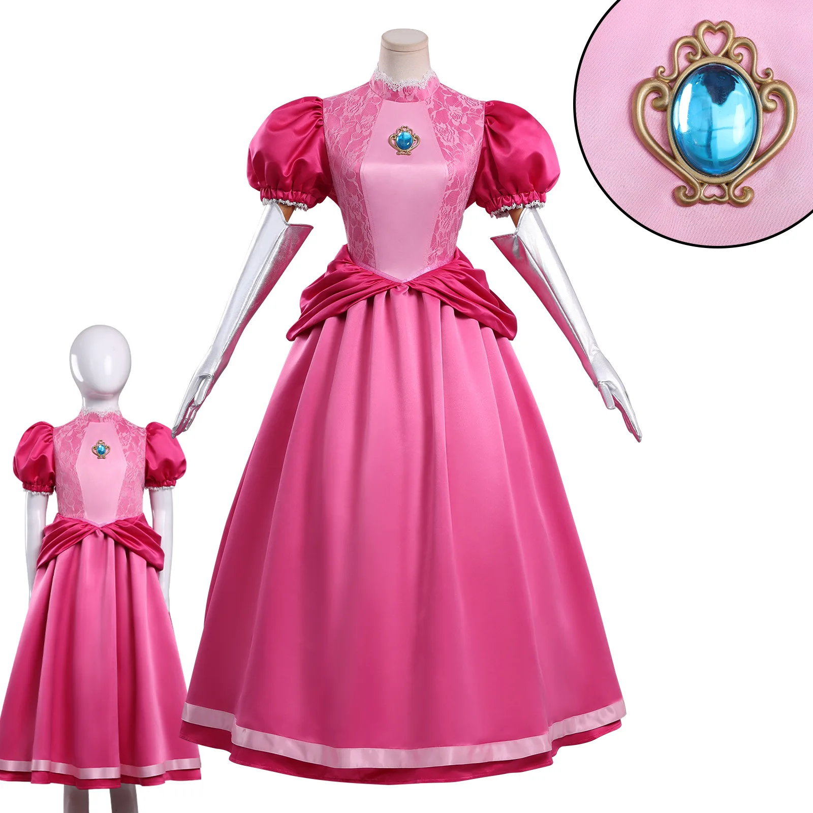 

Pink Cosplay Dress For Girls Women Puffy Sleeves Lace Bodice Blue Gem Long Gown Halloween Party Costume