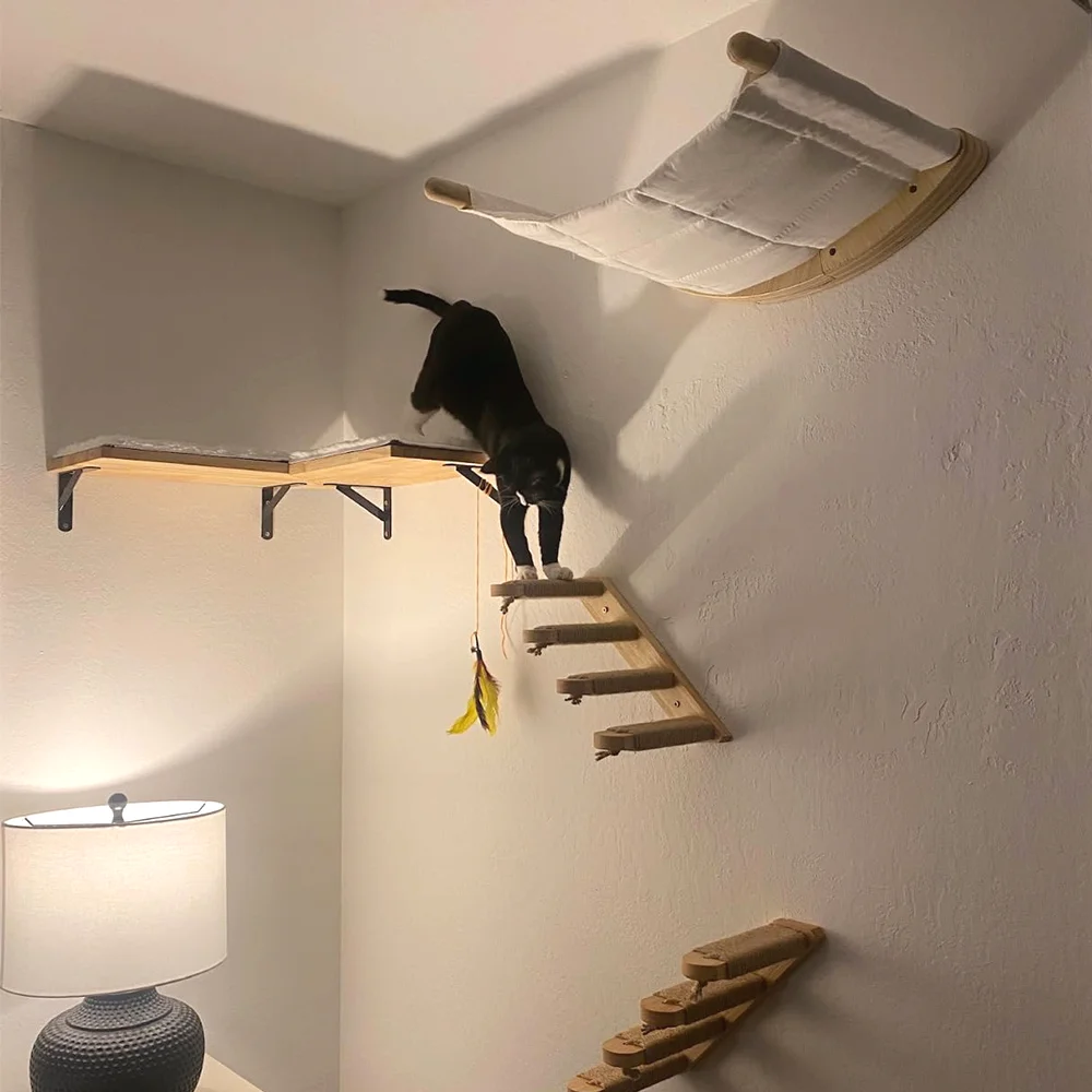 Полки для лазанья для кошек, настенные деревянные кошачьи деревья, окунь, когтеточка для кошек, гамак и дом для котенка, играющих в коготь, шлифовка