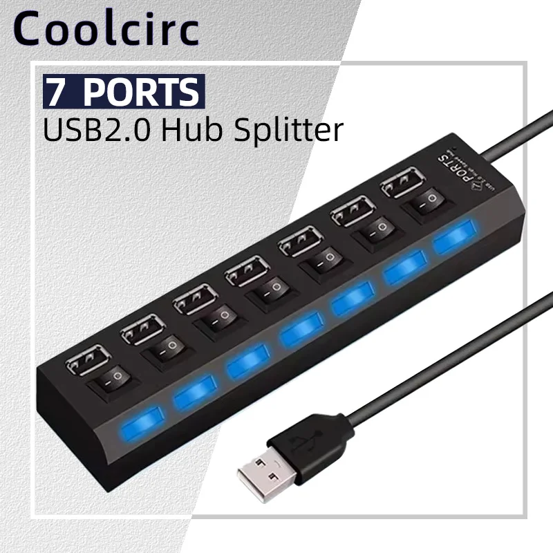 Adaptador de Energia USB 2.0 Multi Splitter com 7 Portas, Expansor Múltiplo 2.0, Hub de Extensão com Interruptor para Acessórios de Laptop e Desktop
