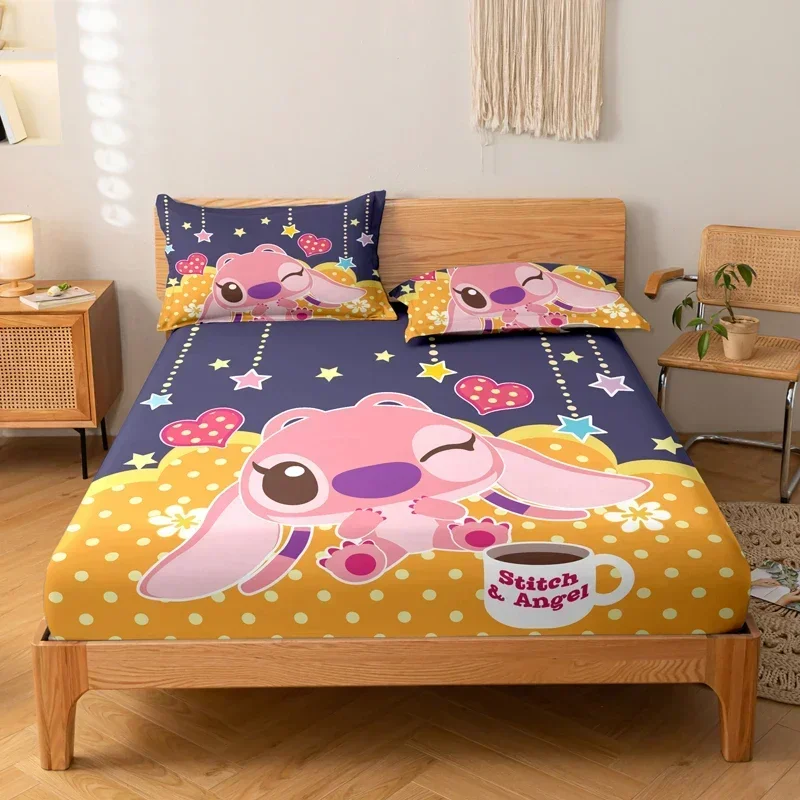 3-piece cartoon anime Stitch pattern matte three piece fitted sheet set, bedroom printed bed cover set, bedding