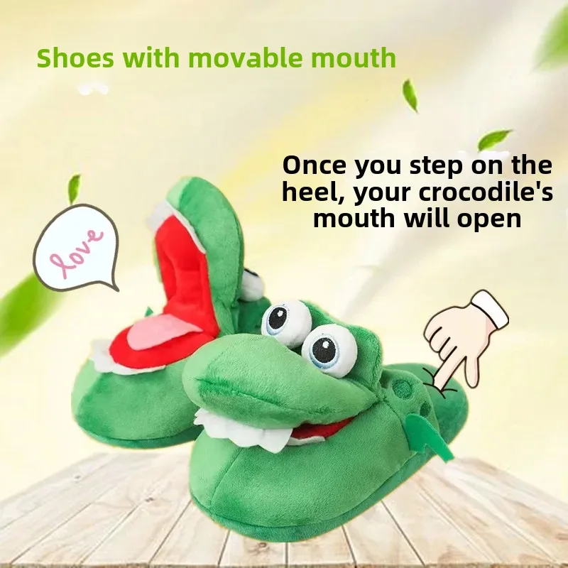 Moving Mouth Crocodile Slippers Walking Plush Cotton Slippers Funny Gift for Girlfriend Cute Interactive House Shoes