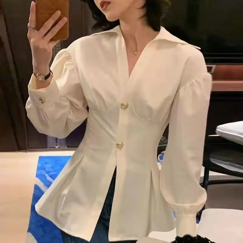 

Slim Solid Color Office Lady Long Sleeve Tops Spring Autumn White Buttons Shirts Ladies TemperamentB Interior Lapping Blouses