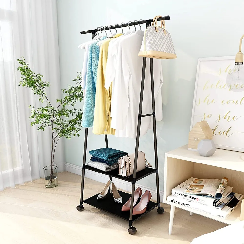 Floor Standing Coat Rack For Home Use Movable Multi-Layer Clothe Racks Triangular Clothes Hanger With Wheels Clothes Organizing