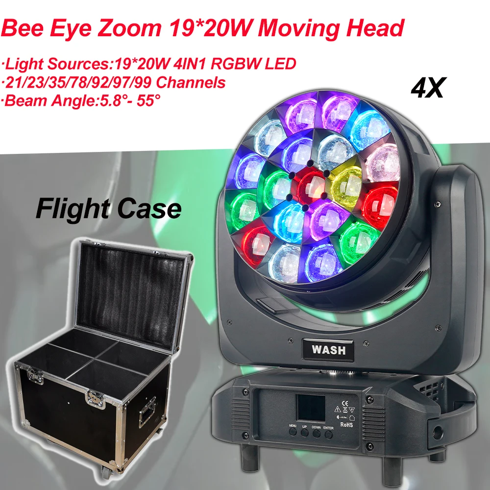 Flight Case 4Pcs/Lot Big Bee Eye 19x20W LED Zoom Wash Moving Head Light DMX512 DJ disco light K10 K20