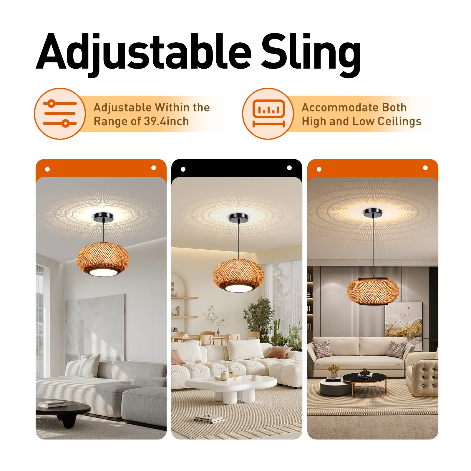 

Rattan Bamboo Pendant Light, Asian Style Rattan Ceiling Pendant Light Fixture 39Inch Height Adjustable Hanging Lighting