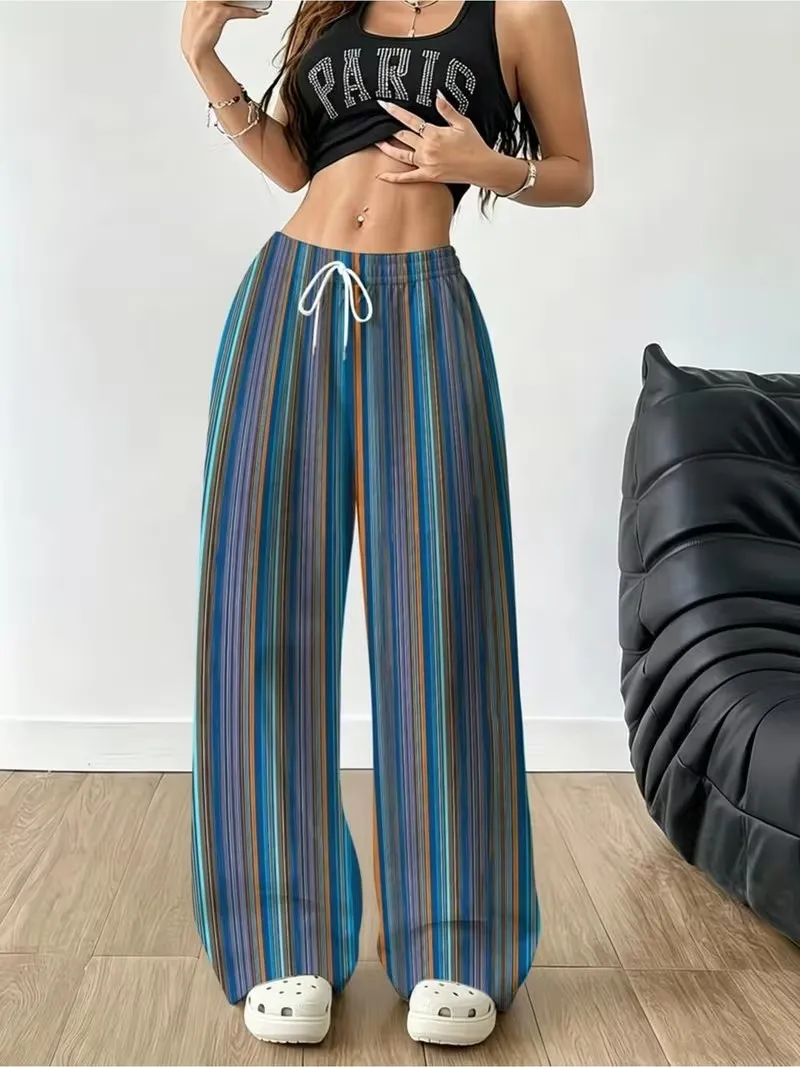 3D retro striped printed casual pants, women's autumn new pocket drawstring elastic waist sports pants