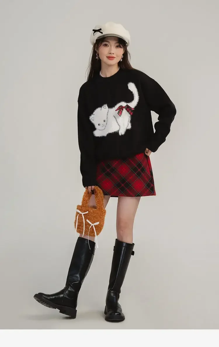 Deeptown Korean Fashion Y2k Kawaii Kitty Print Sweater Cashmere Knitted Streetwear Female Top Autumn Winter Christmas Clothes