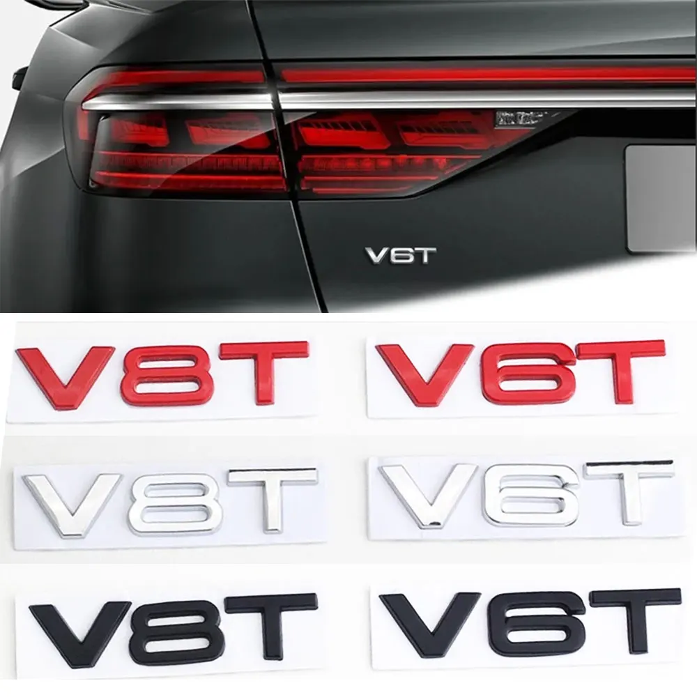 3D Metal Chrome Black V8T Logo V6T Sticker Car Fender Emblem For SQ7 Q8 R8 S8 RS8 V8T A6 C7 S4 A4 B7 V6T Badge Accessories