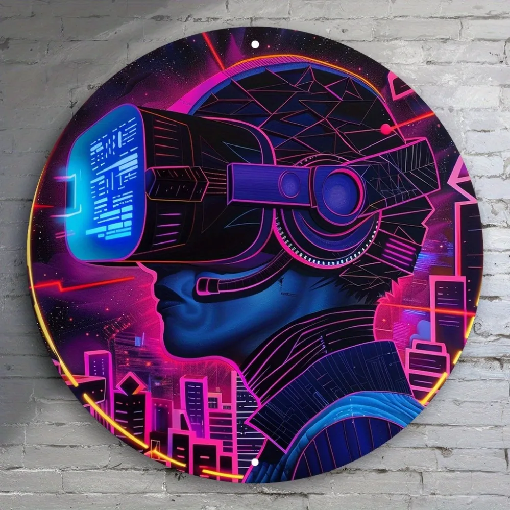 Round Metal Tin Sign Cyberpunk VR Fake Neon Print Wall Decor, Non LED 2D Flat Metal Plaque For Game Room Man Cave
