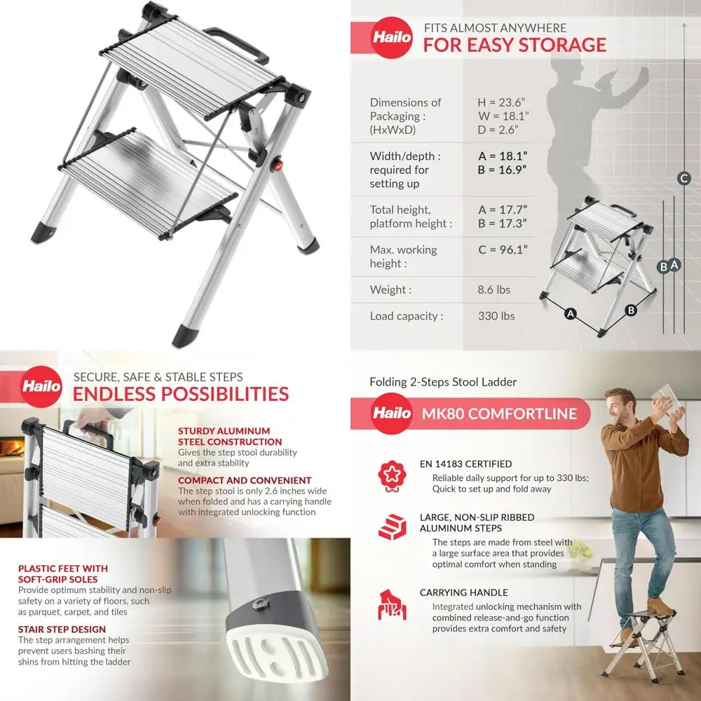 مقعد Hailo MK80 Mini Steel Step Stool - خطوتين كبيرتين مضاد للانزلاق، سعة 330 رطل - زر تحرير أمان، مقبض حمل - سهل Stora #1