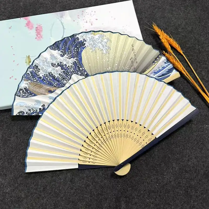 Japanese Bamboo Folding Fan Creative Wave Sashimi Print Handheld Foldable Fan for Anime Cosplay Costume Matching Prop
