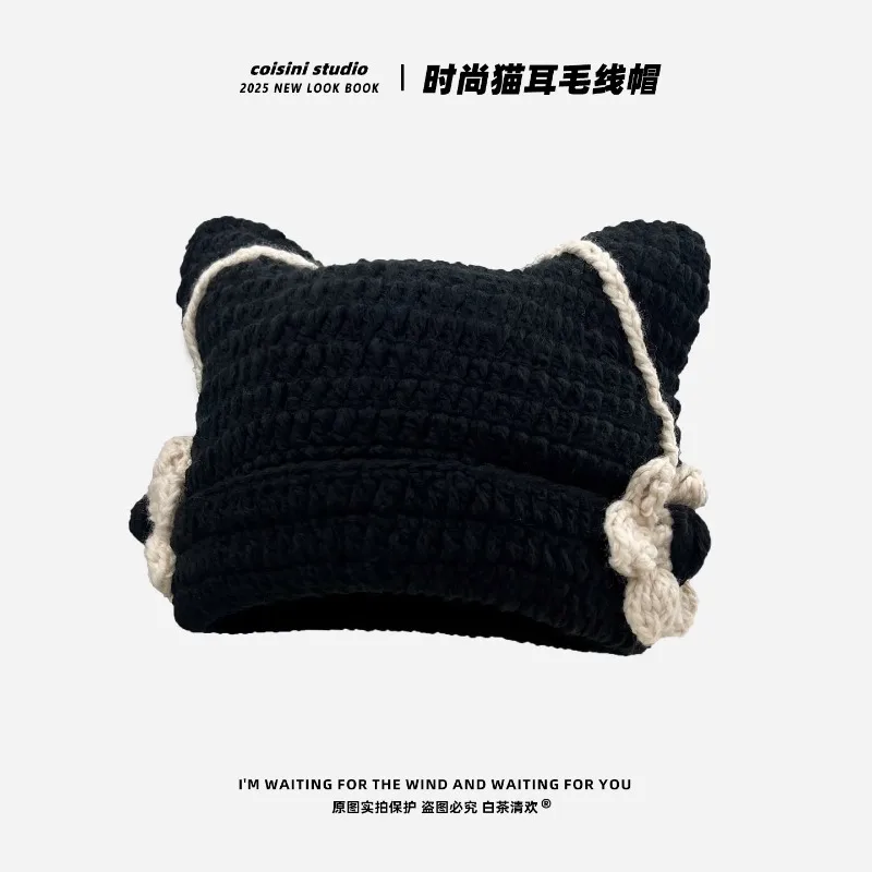 النسخة الكورية من الأزياء خط زهرة تصميم القط الأذن بيني Y2K الخريف والشتاء الشارع الاتجاه تنوعا القبعات النسائية الدافئة