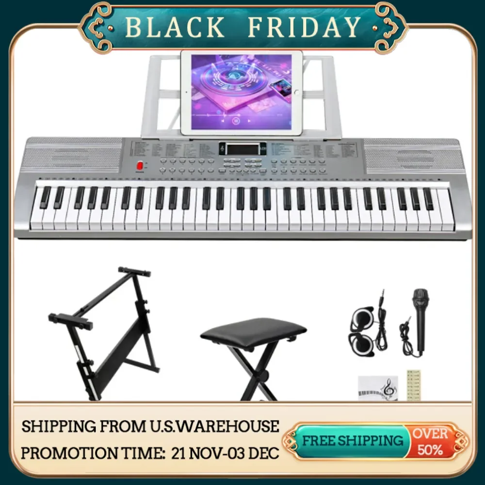 

61 Key Lighting Keyboard with Stand Piano Bench Built In Speakers Headphone Microphone Music Rest LED Screen 3 Teaching Modes