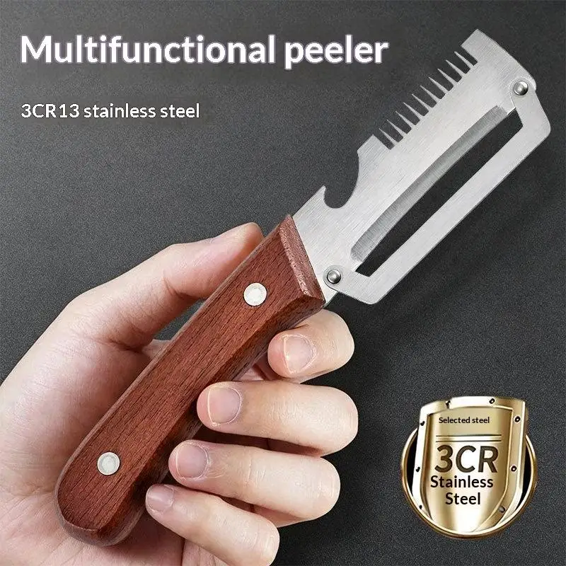 Multifunctional Stainless Steel Peeler With Wooden Handle,3-in-1 Scallion Shredder Fruit Peeler Bottle Opener For Kitchen