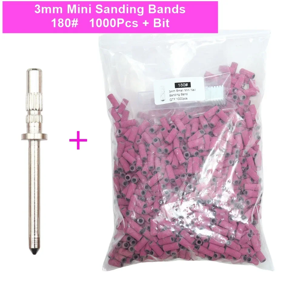 Bandes de ponçage mini zèbre rose vif avec mini mandrin en métal, forets à ongles en acier inoxydable, manucure électrique, 3mm, 1000 pièces