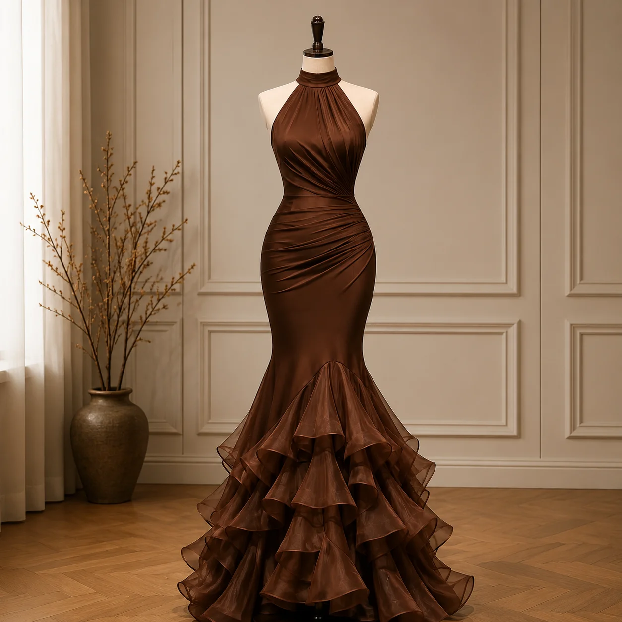 Vintage Chocolate Satin Mermaid Prom Dress Halter Neck Ruched Ruffled Tulle Train Formal Wedding Guest Evening Gown Customized