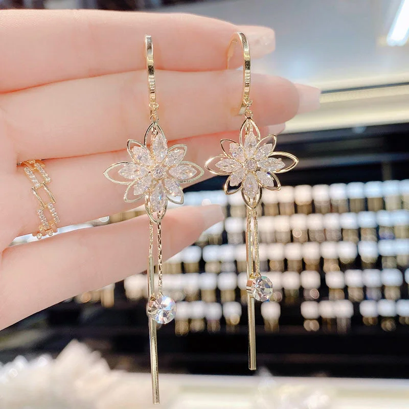 Luxury Crystal Zircon Flower Tassel Earrings For Women Exquisite Opal Flower Rhinestone Earrings Wedding Party Jewelry Gift